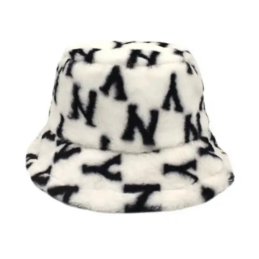 Vintage letter faux fur bucket hat