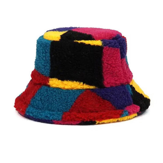 Color block faux fur bucket hat