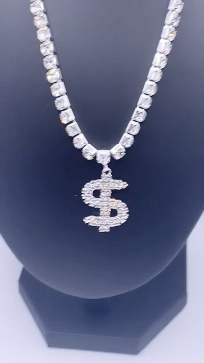 Icy Dollar Sign Pendant Necklace